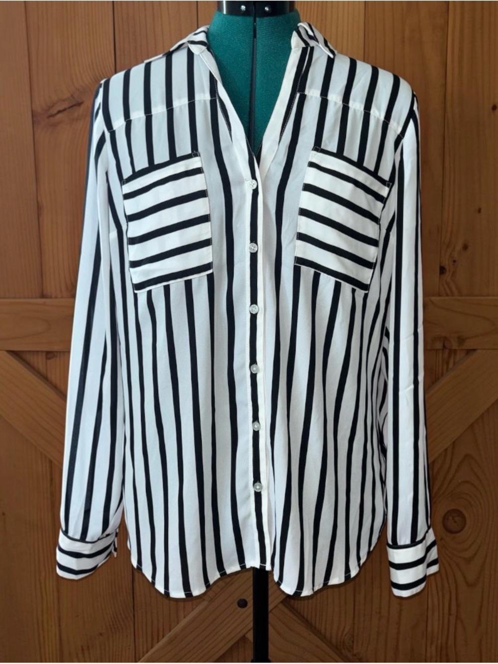 Express Portofino Black White Striped Button Up Blouse Shirt Medium
